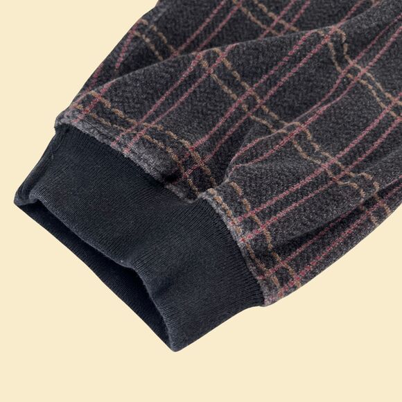 90s XL velour polo shirt, vintage black/purple plaid long sleeve by M.E. Sport - Picture 7 of 10